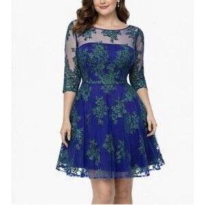 ML Monique Lhuillier Prom,Wedding Floral Print Green/Blue Lace Mini Dress Size 8